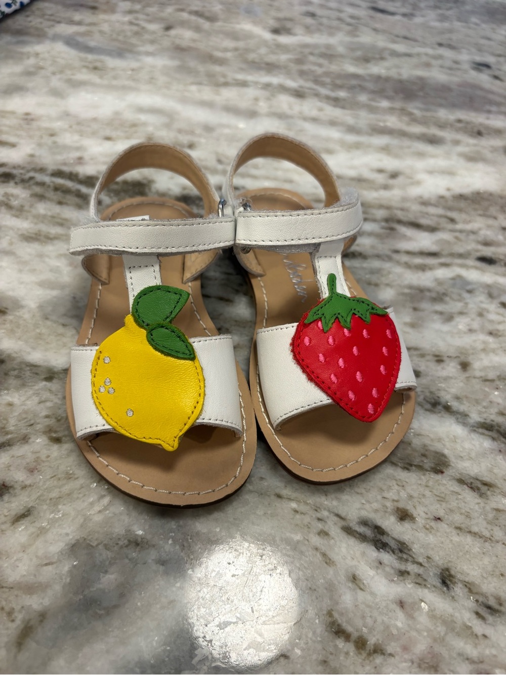Mini Boden White Kids Sandals with Lemon and Strawberry Appliqués
